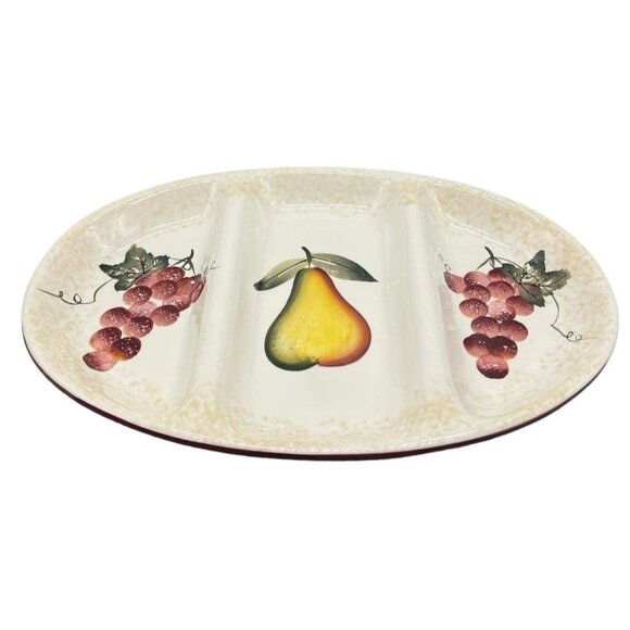 Pier 1 serving tray hand-painted dolomite 3 sections grapes and pear READ - Picture 1 of 8